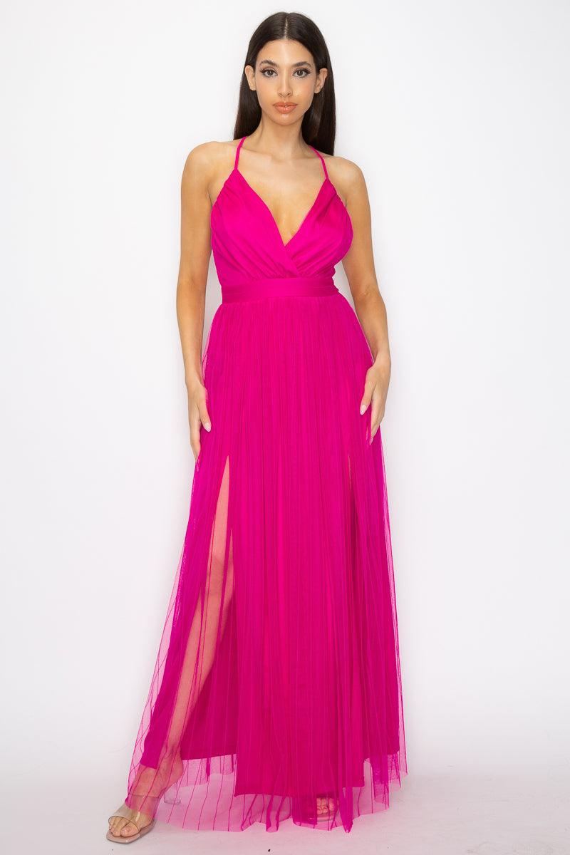Pleated Mesh Slit Maxi Dress, Hot Pink - 7Kouture
