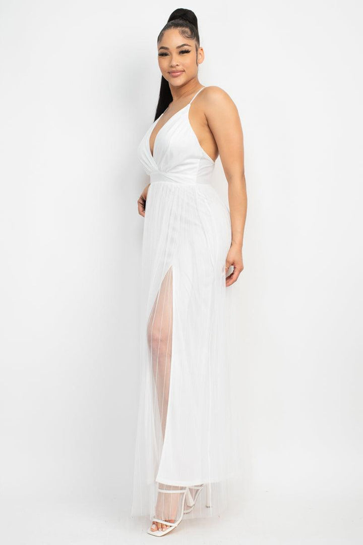 Pleated Mesh Slit Maxi Dress, White - 7Kouture