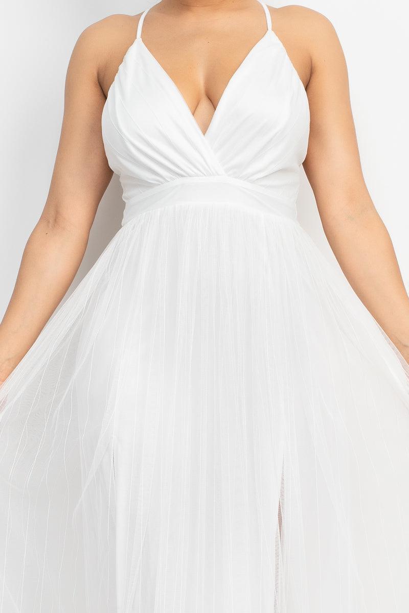 Pleated Mesh Slit Maxi Dress, White - 7Kouture