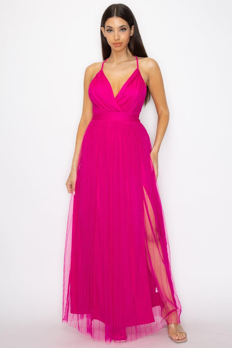 Pleated Mesh Slit Maxi Dress, Hot Pink - 7Kouture
