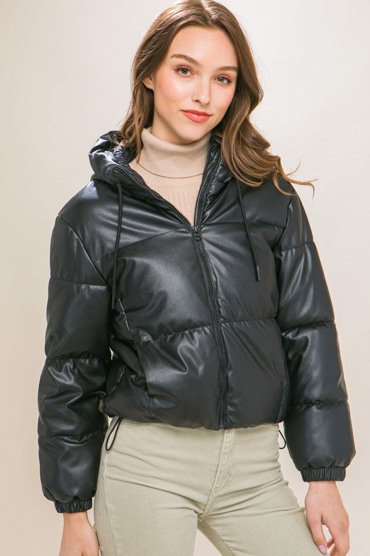 Pu Faux Leather Zipper Hooded Puffer Jacket, Black - 7Kouture