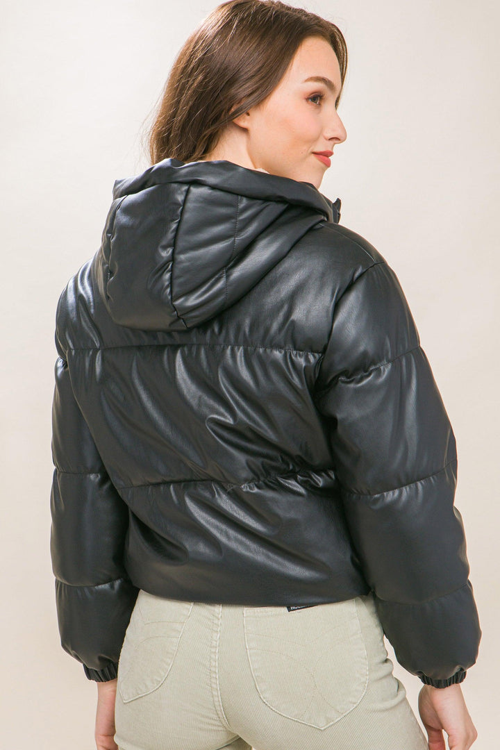 Pu Faux Leather Zipper Hooded Puffer Jacket, Black - 7Kouture