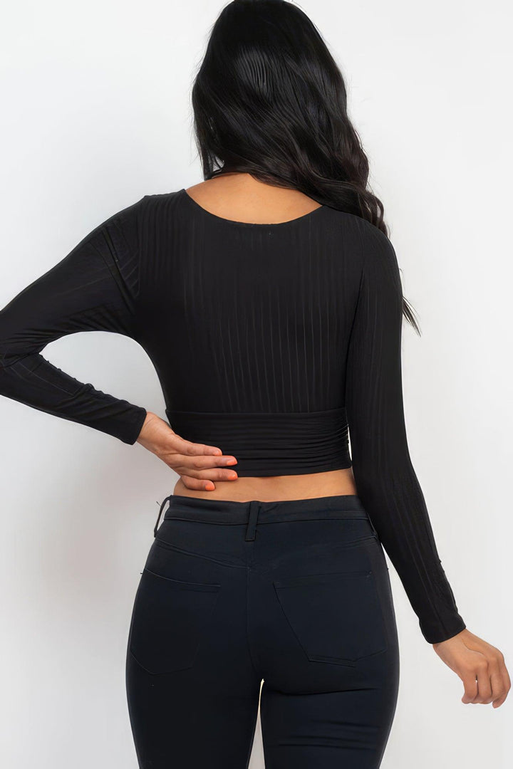 Ribbed Wrap Front Long Sleeve Top - 7Kouture