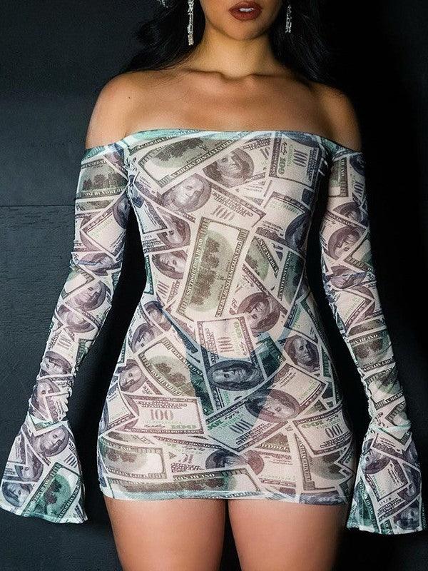 Money Print Mesh Mini Flare Dress