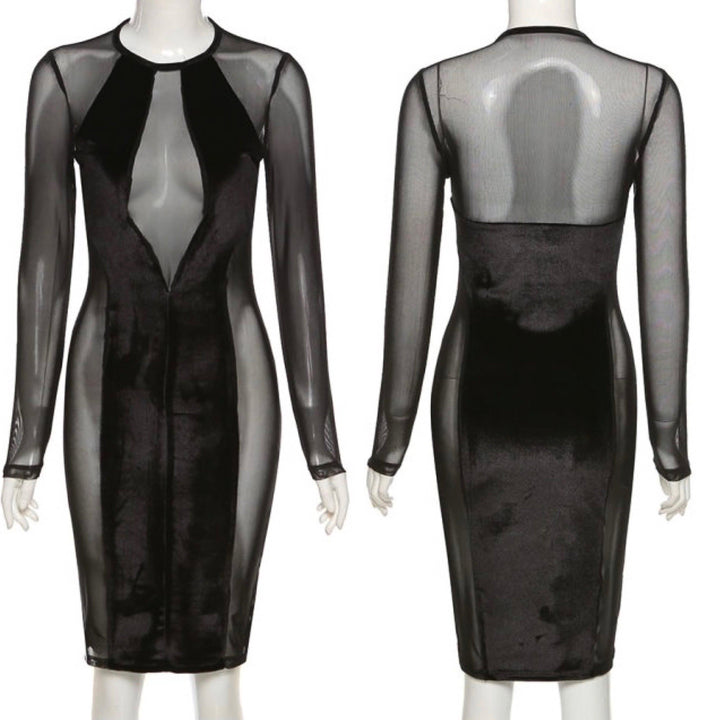 Mesh Bodycon Dress with Velvet Detail - 7Kouture