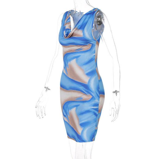Blue Abstract Print Bodycon Dress - 7Kouture