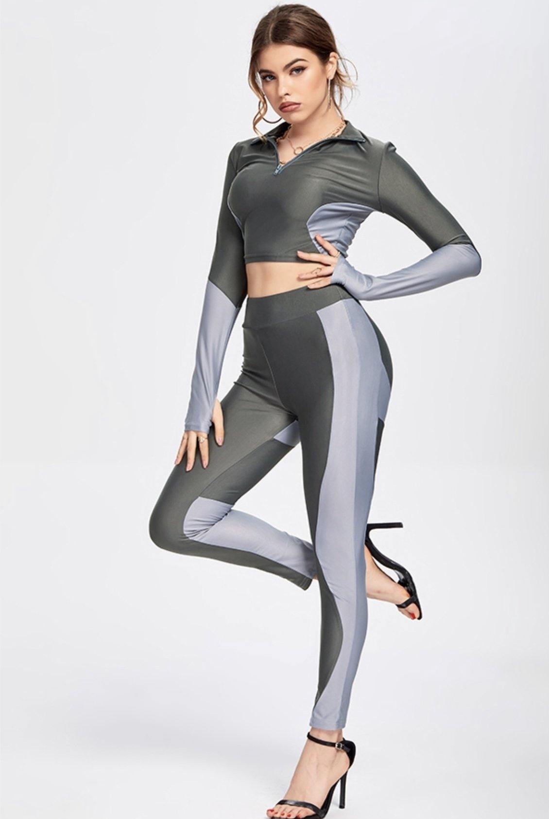 Grey Activewear Color Block Leggings Set - 7Kouture