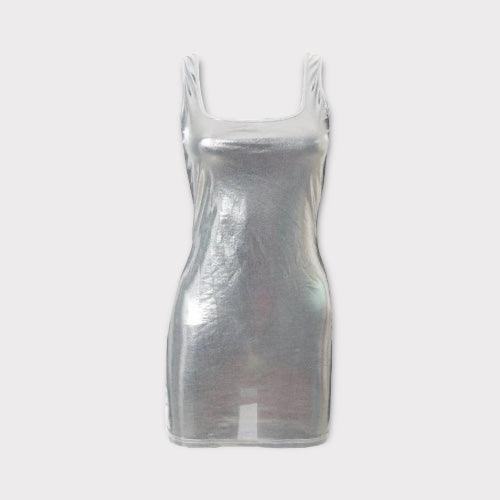 Iridescent Shiny Metallic Silver Bodycon Mini Dress - 7Kouture