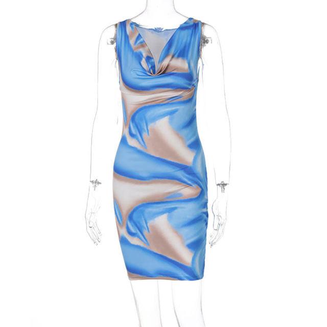 Blue Abstract Print Bodycon Dress - 7Kouture