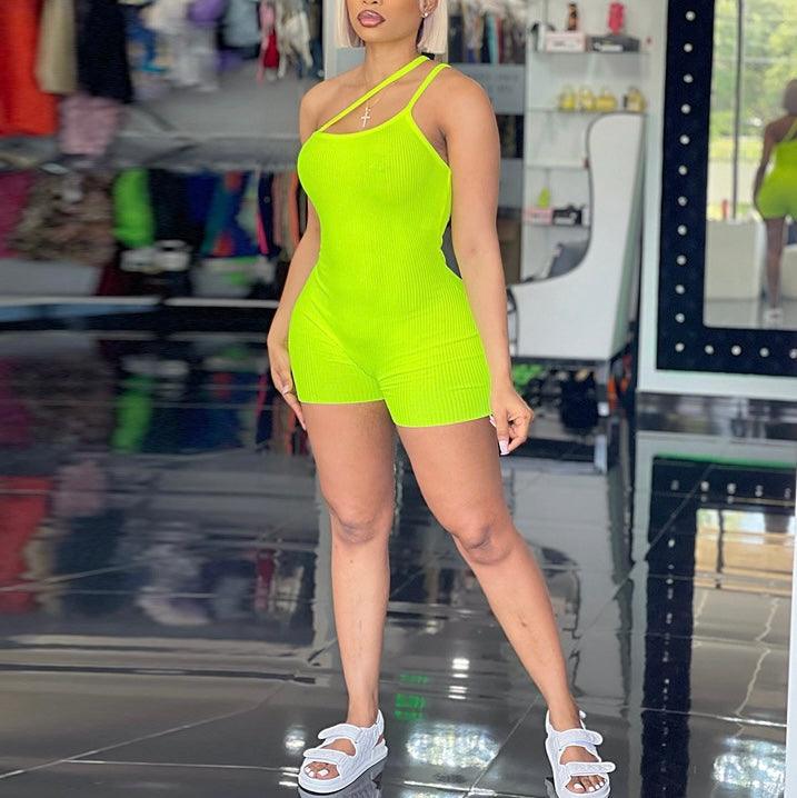 Neon Green Ribbed Playsuit Romper - 7Kouture