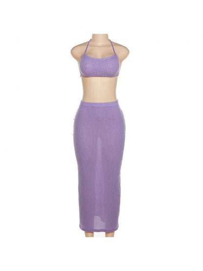 Purple Ribbed 2 Piece Maxi Skirt Set