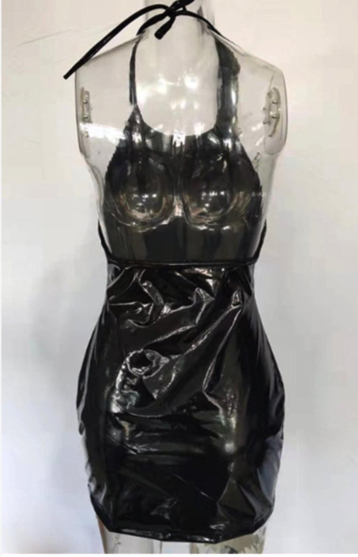 Faux Leather Black Halter Mini Dress - 7Kouture